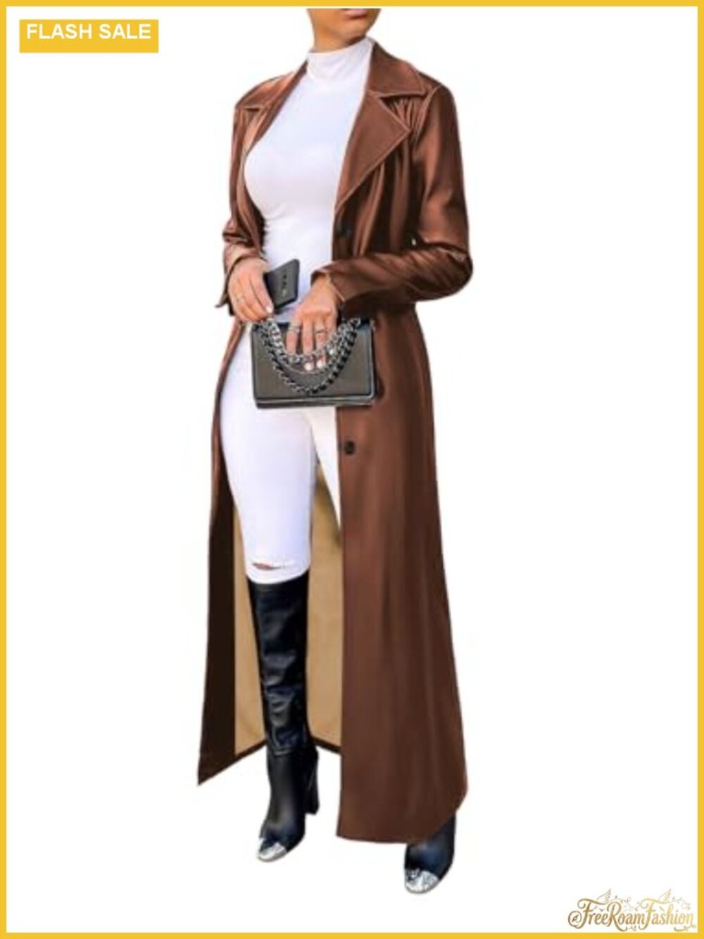 Women's Faux Leather Maxi Trench Coat Long Duster Jacket